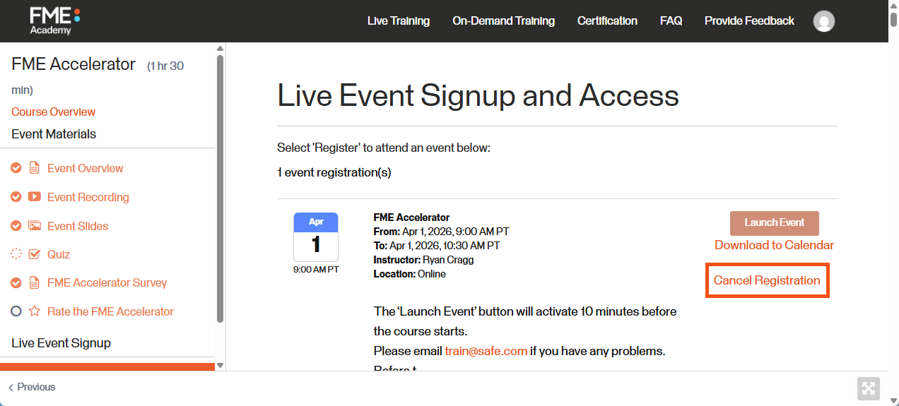 Cancel registration button