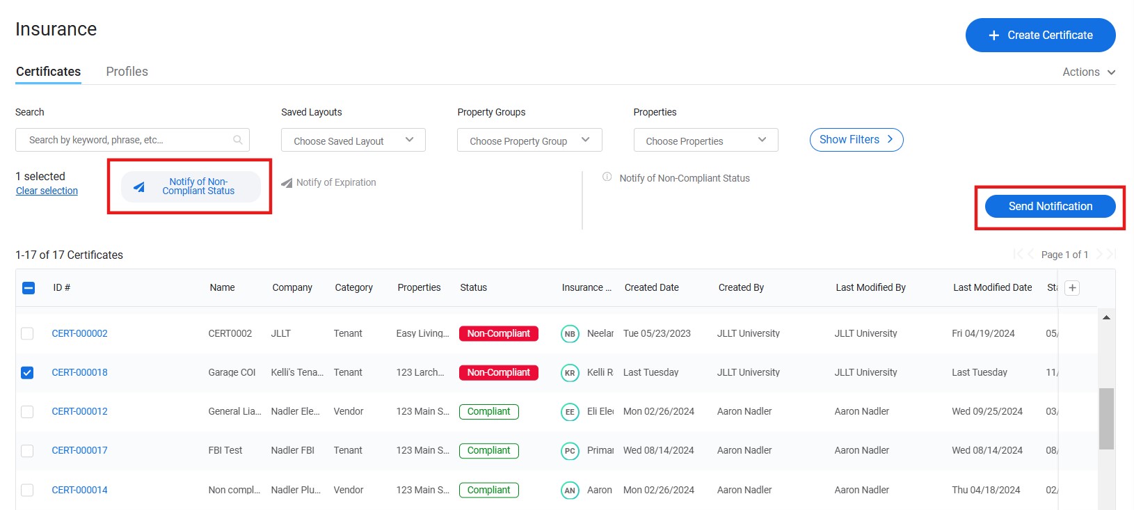 Insurance management interface displaying certificate statuses, with options to notify non-compliant statuses and send notifications.