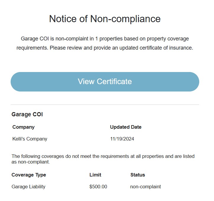 Notice of non-compliance for Garage COI from Kelli's Company, stating insufficient coverage for Garage Liability.