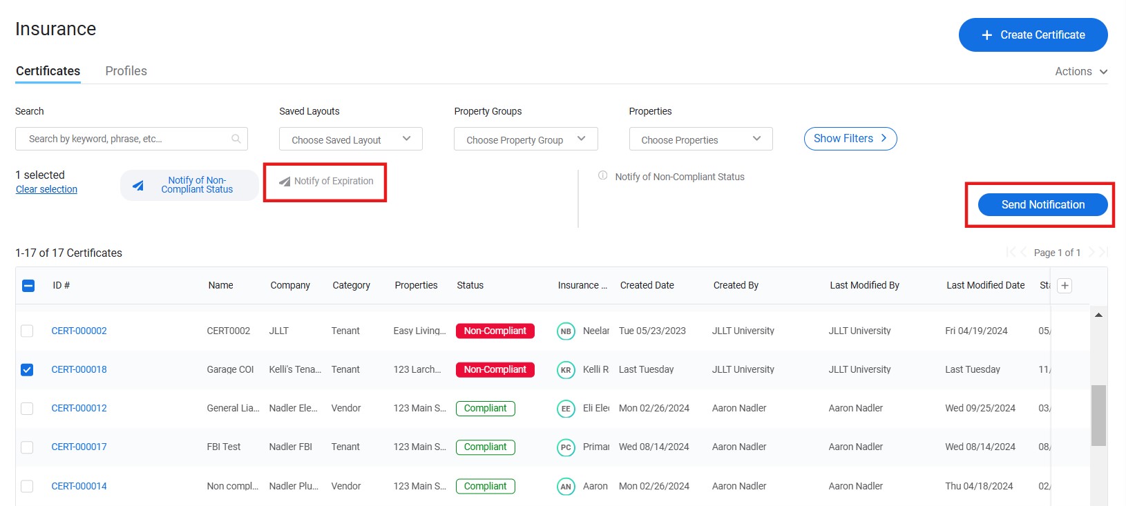Insurance management interface displaying certificate statuses, options to notify expiration, and send notifications.