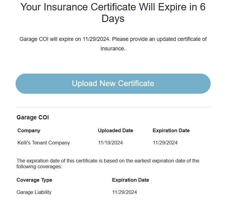 Notification about insurance certificate expiration in 6 days, with details on company and coverage type.