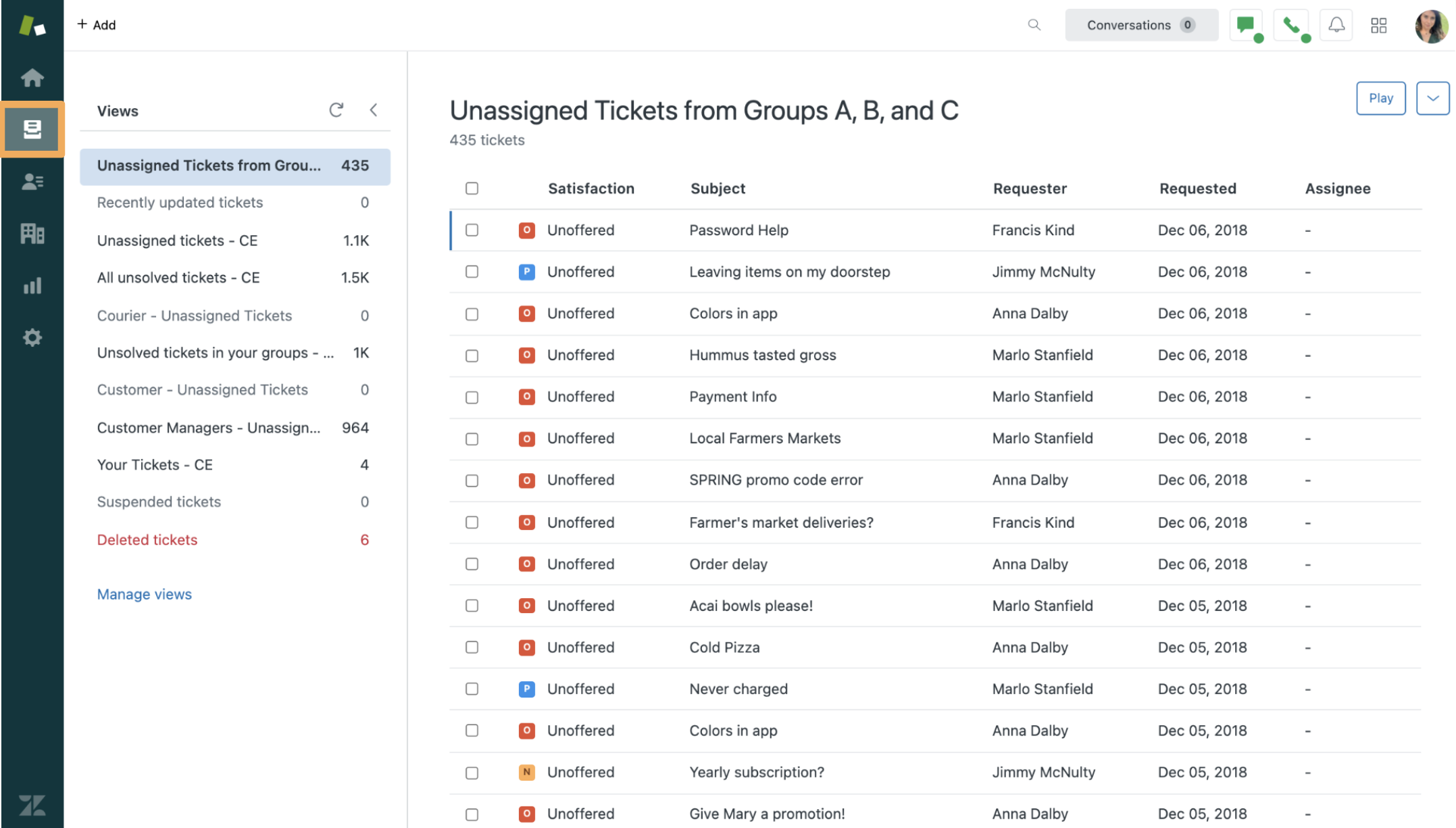 View of the unassigned tickets in Agent Workspace with the file folder highlighted.