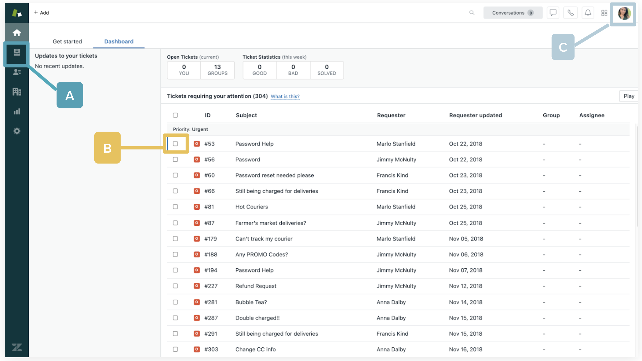 Agent dashboard displaying a list of tickets requiring attention.