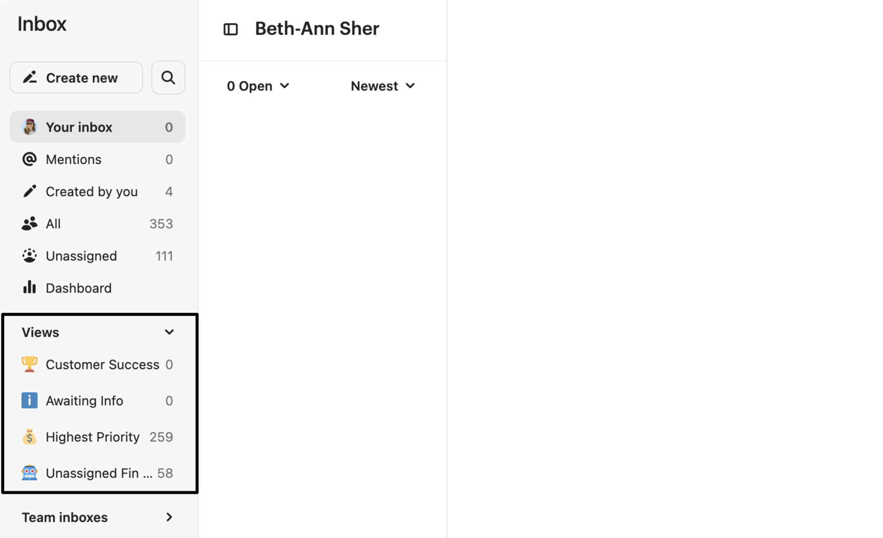Intercom inbox views sidebar