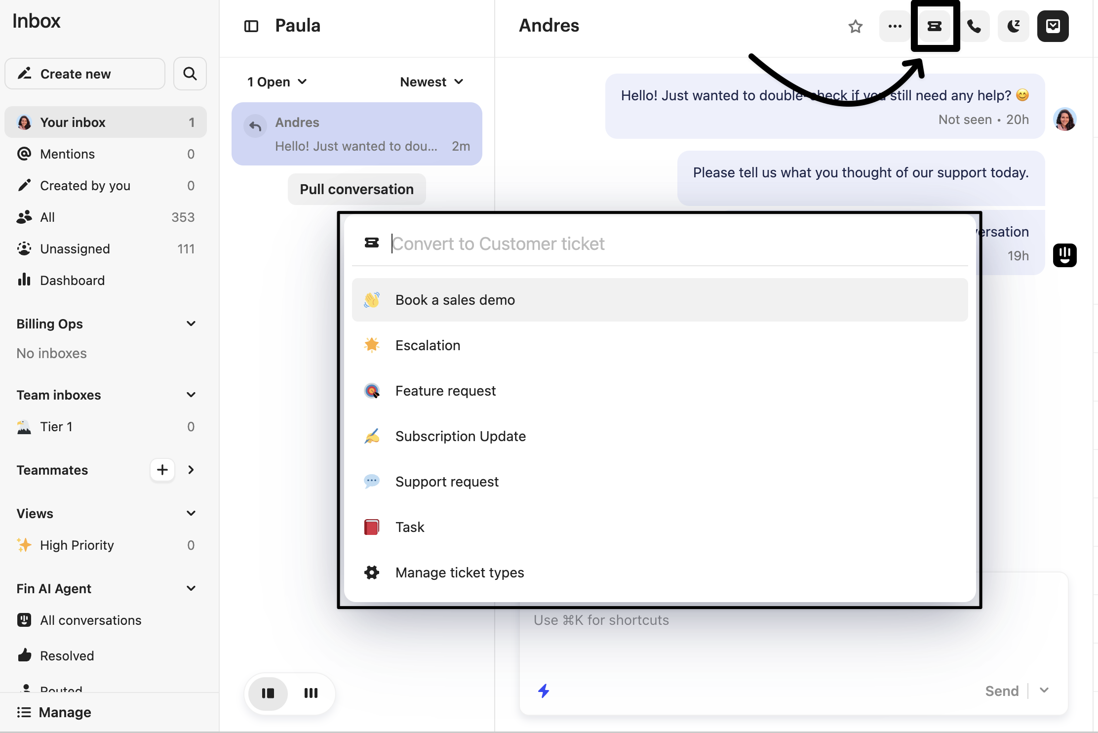 Convert to ticket in Intercom