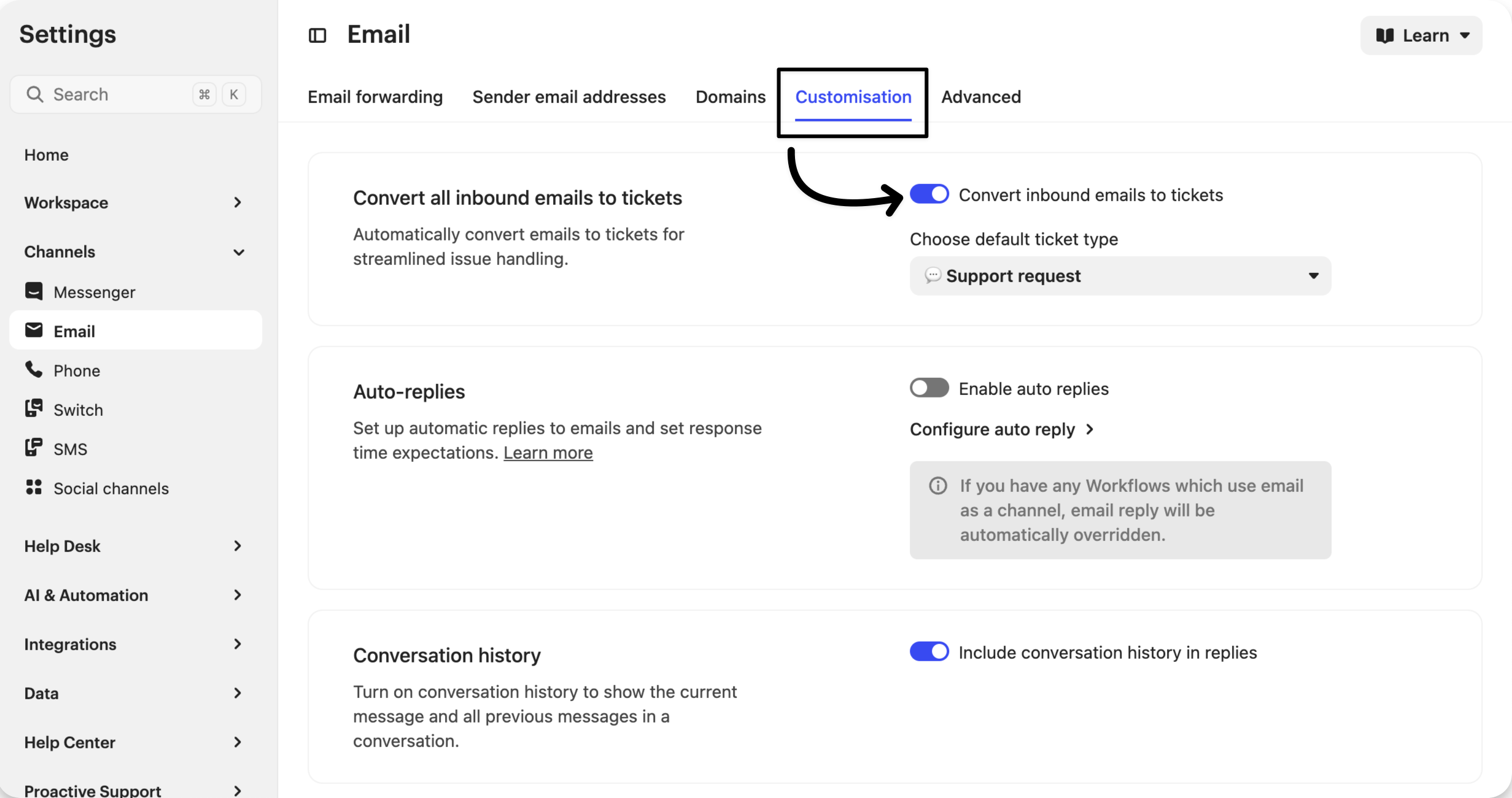 Convert inbound emails to tickets setting