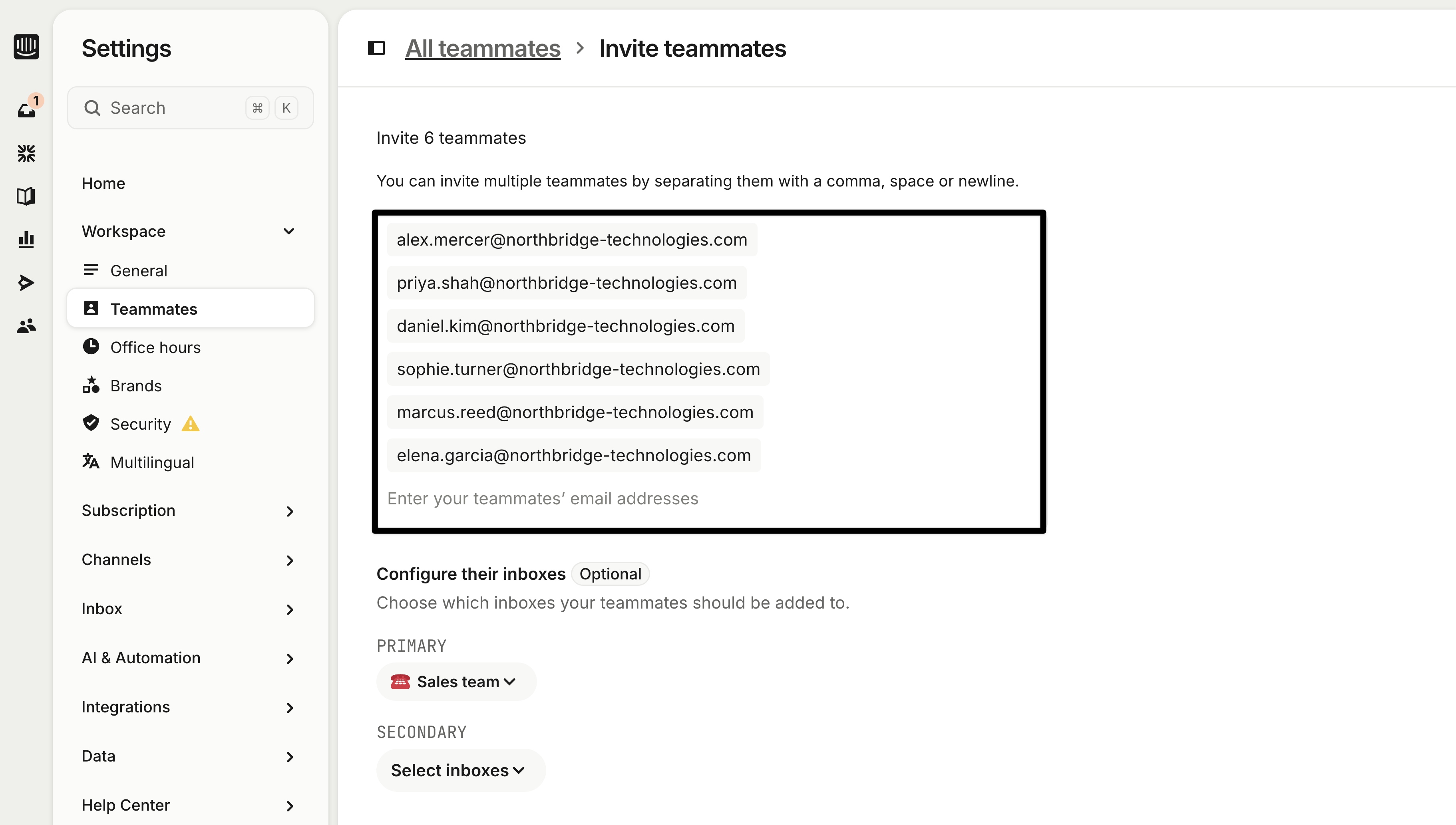 Invite teammates screen in Intercom Settings