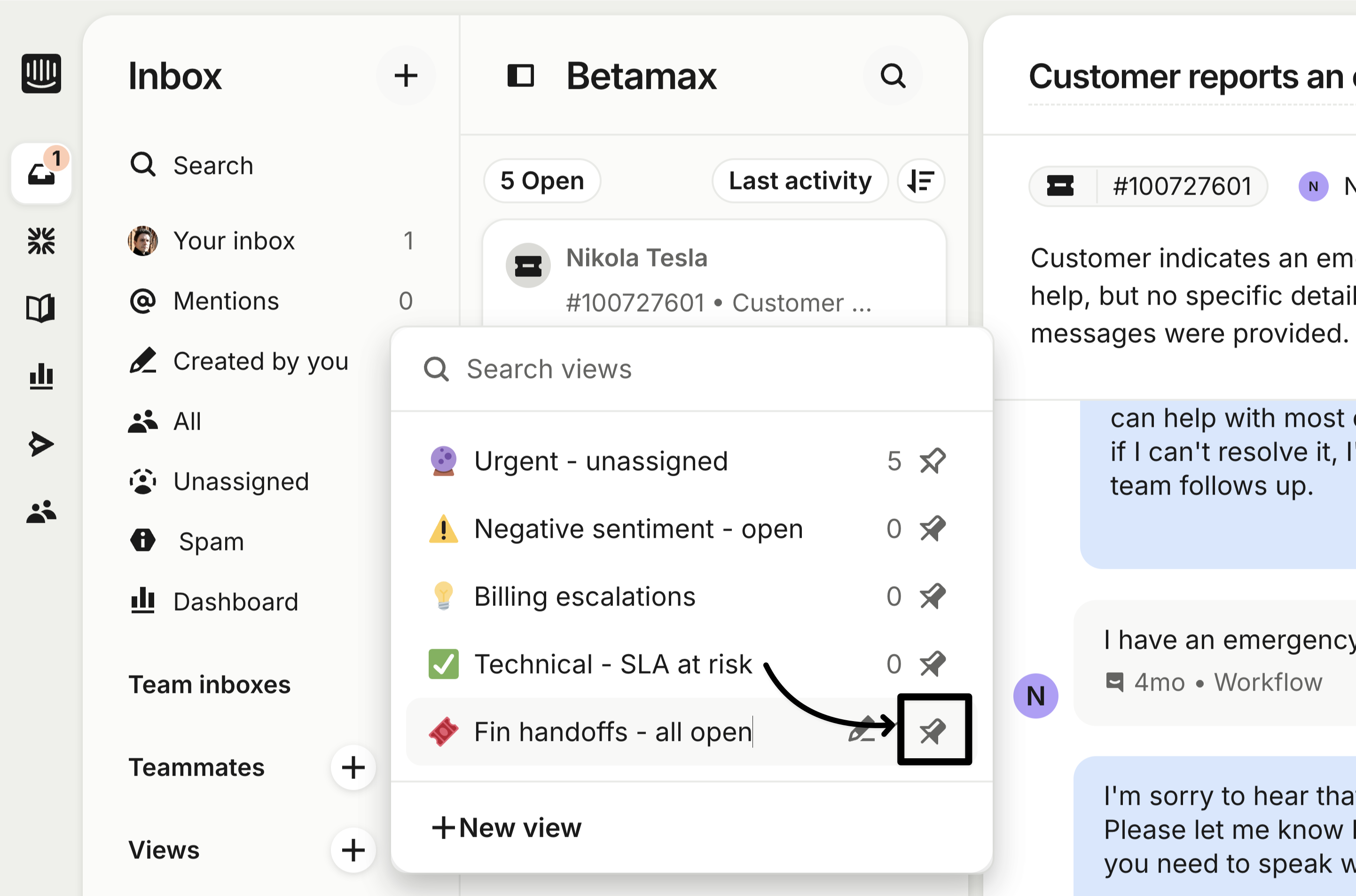 Pin a view in the Intercom inbox sidebar