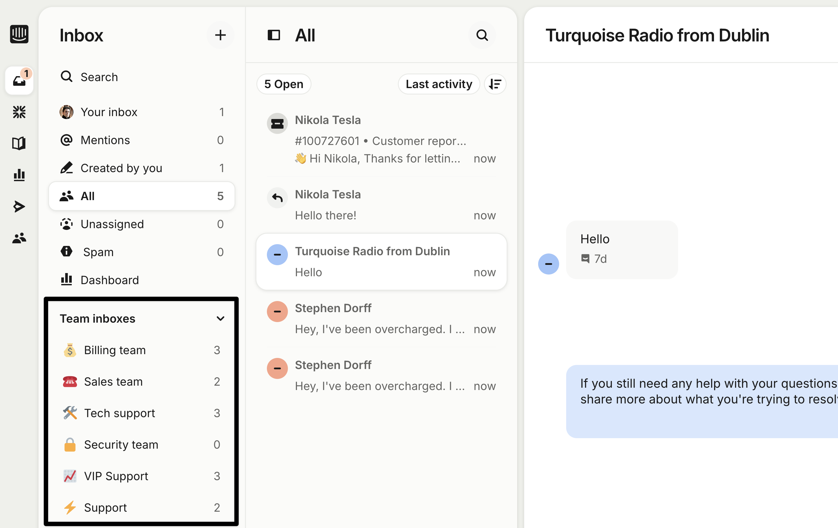 Team inboxes pinned in the Intercom sidebar