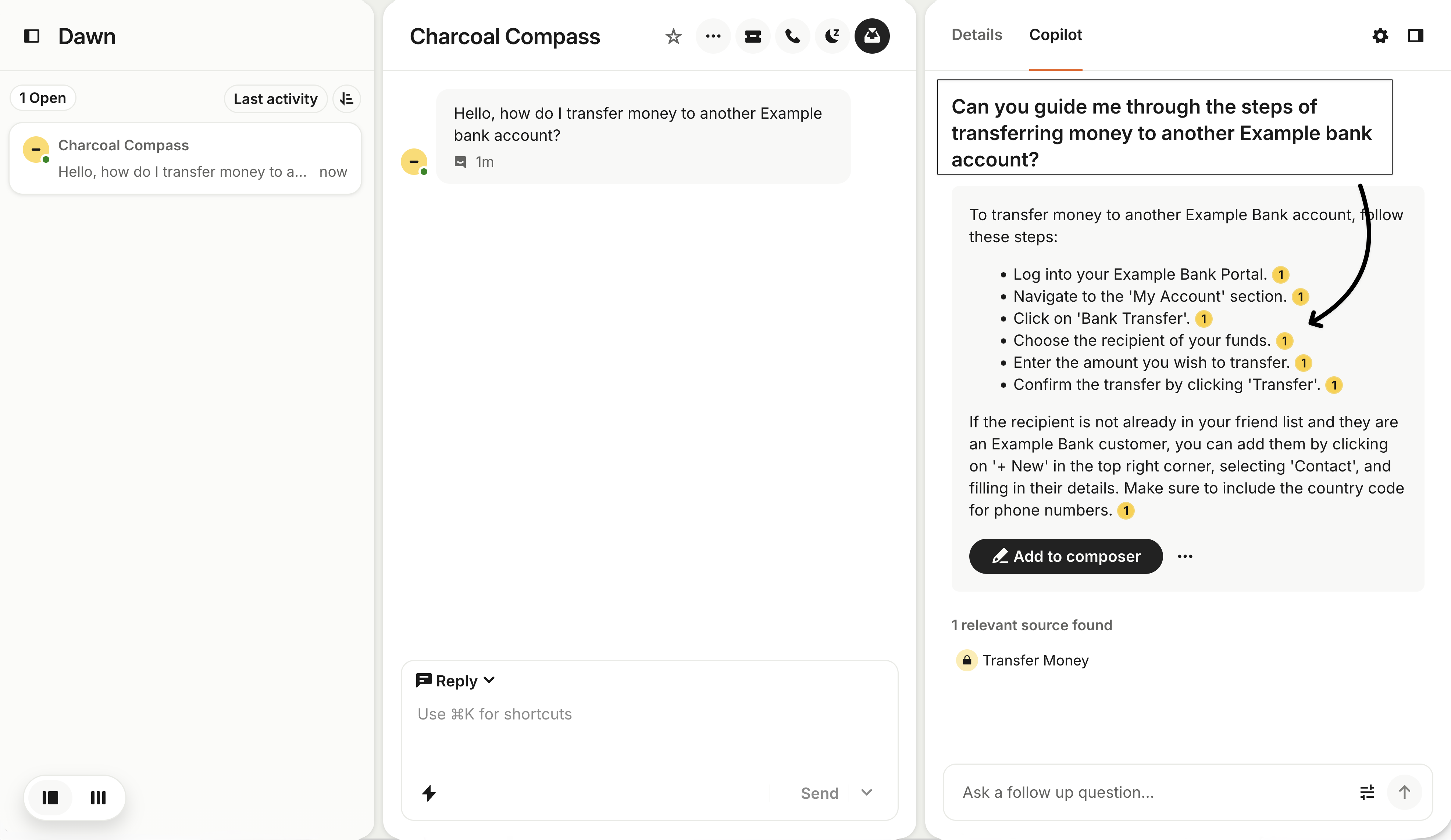 Copilot sidebar in an Intercom conversation