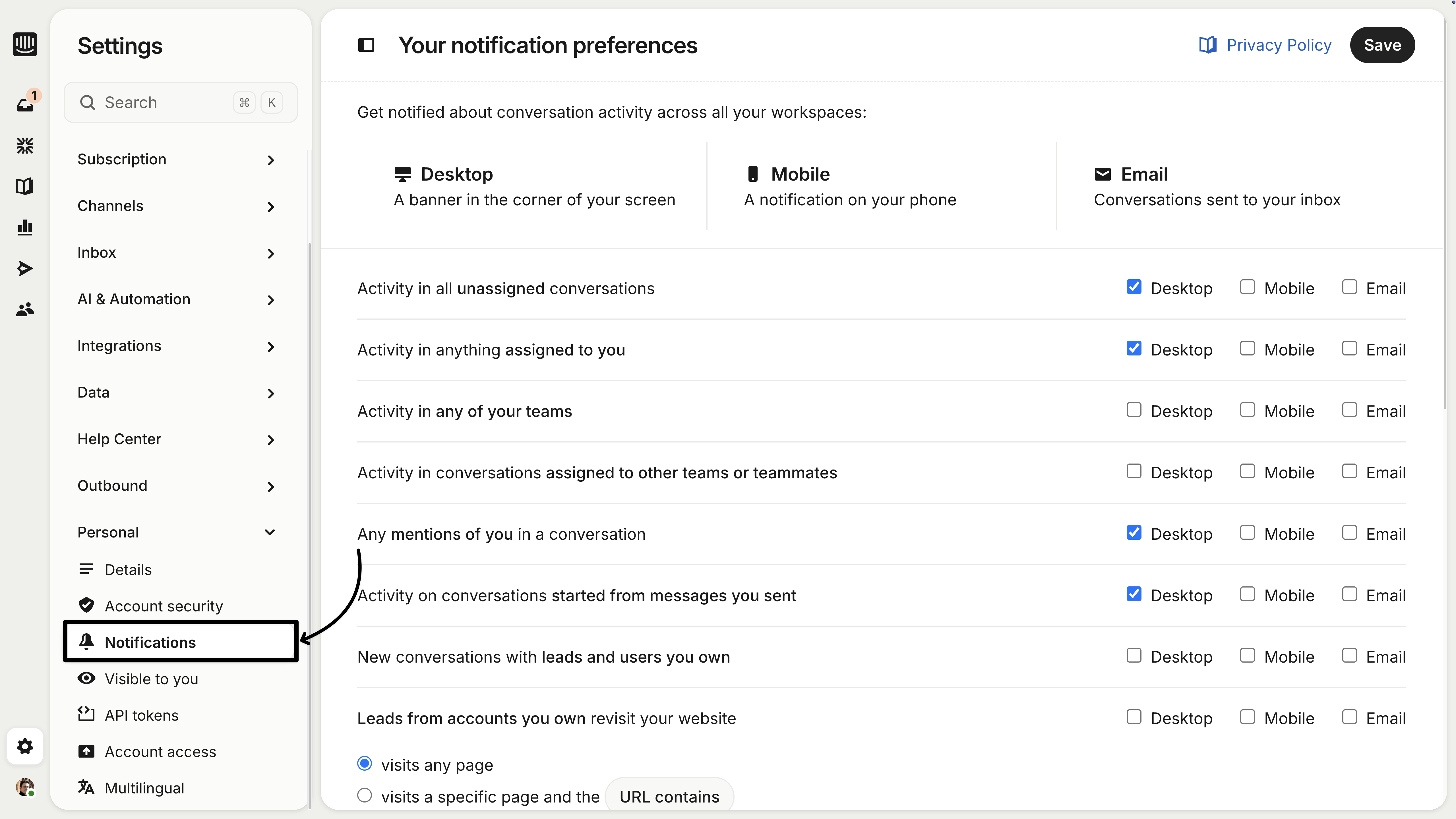 Notification settings in Intercom