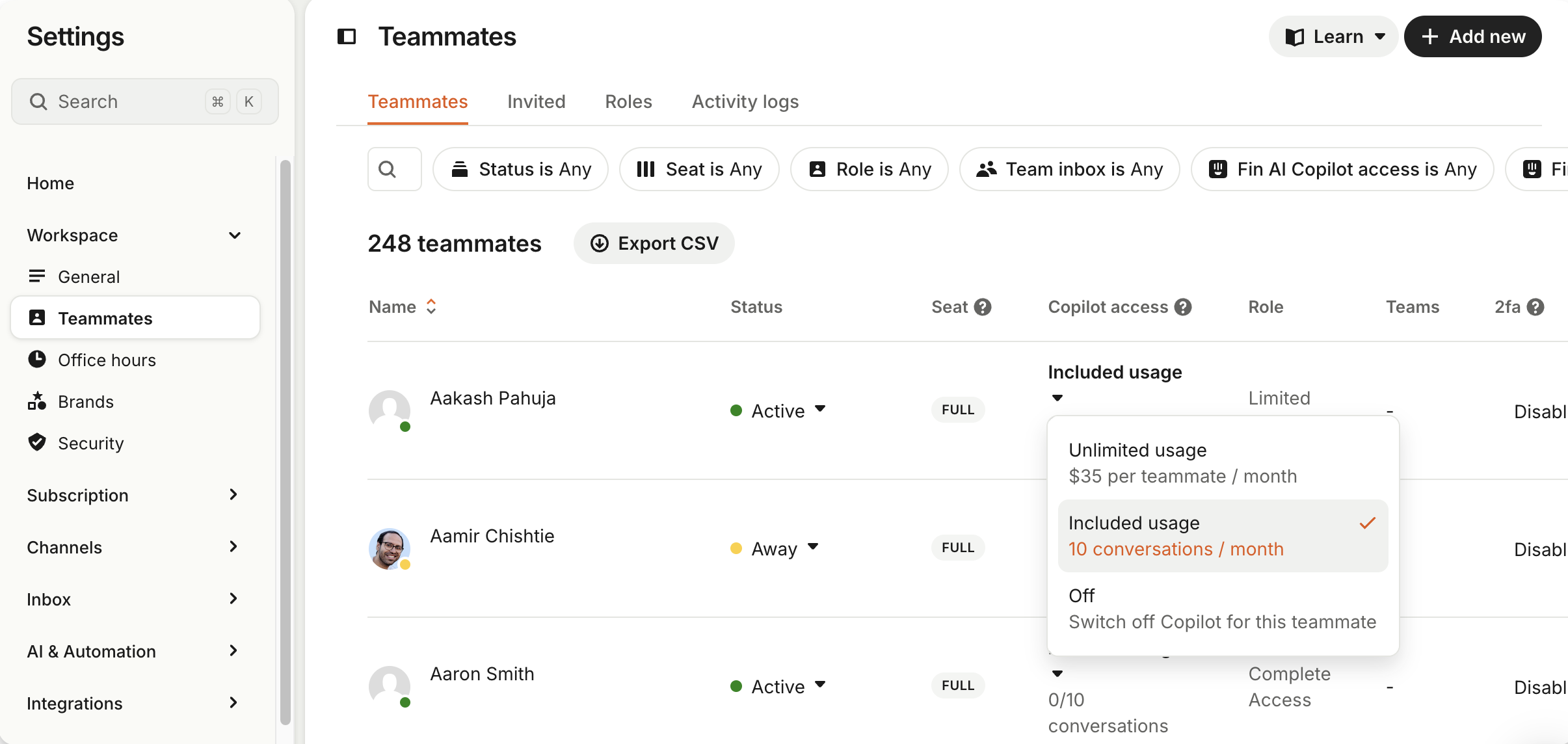 Activate Copilot for teammates in Settings