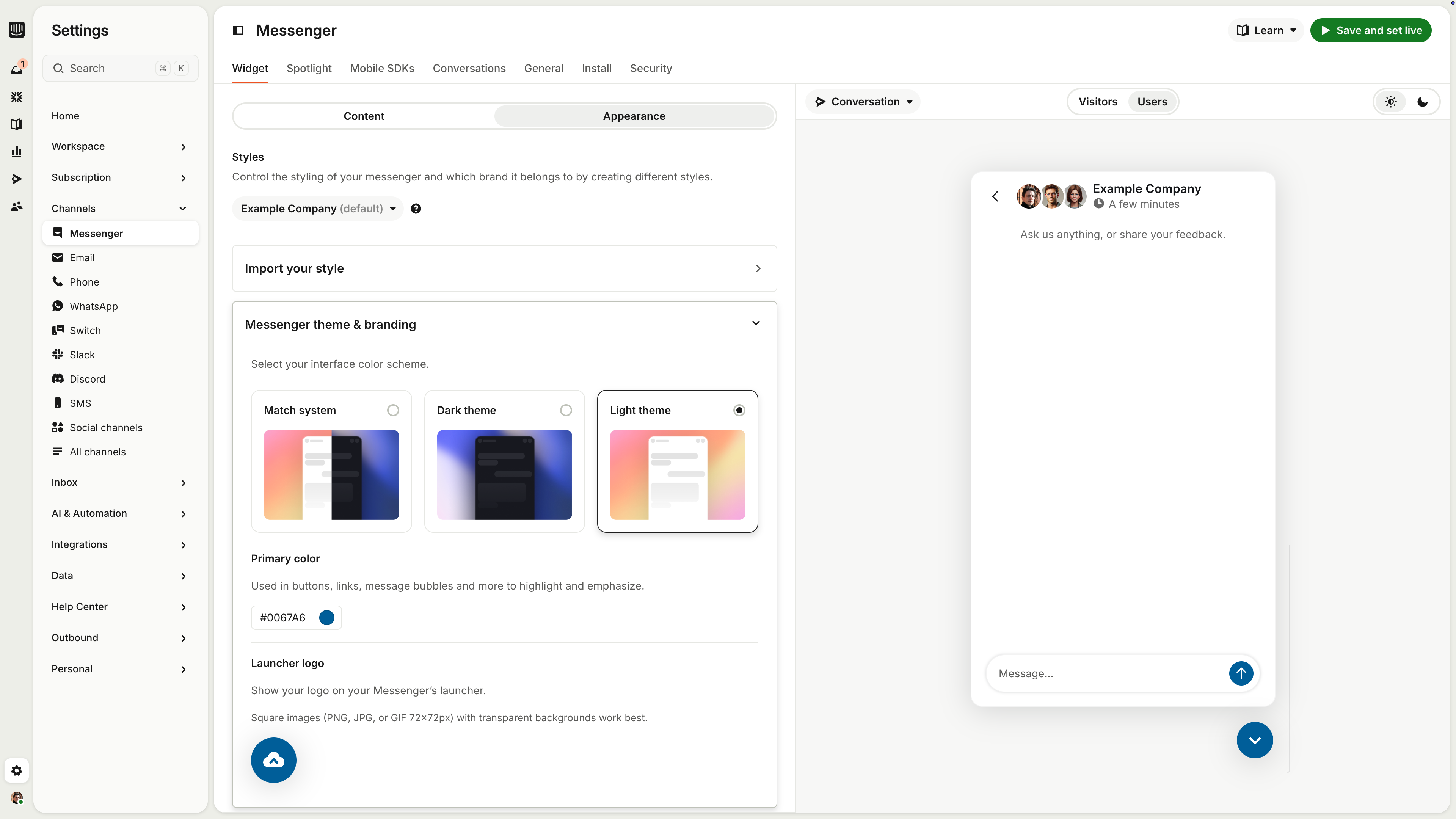 Messenger appearance settings in Intercom