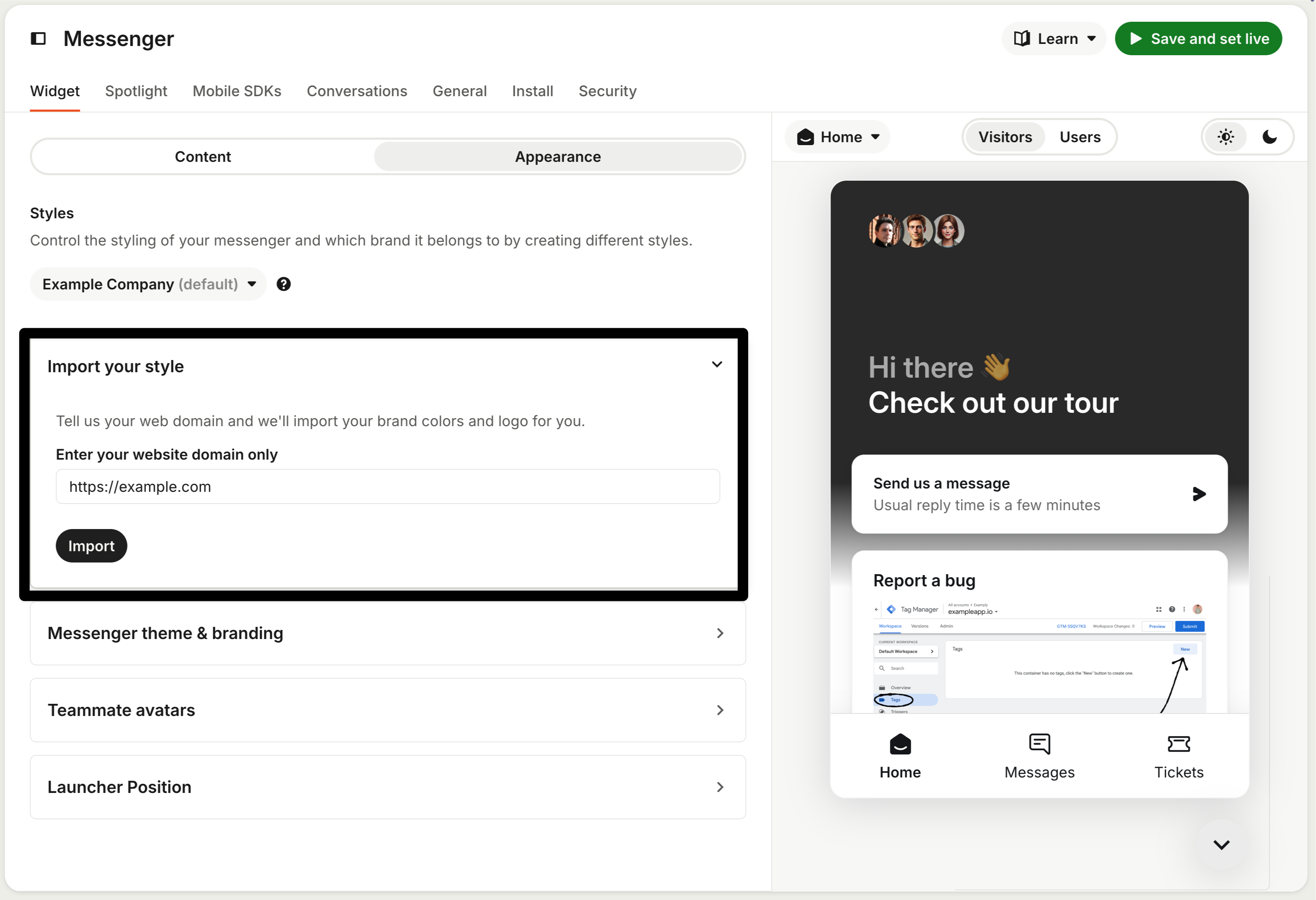 Import your style option in Messenger settings