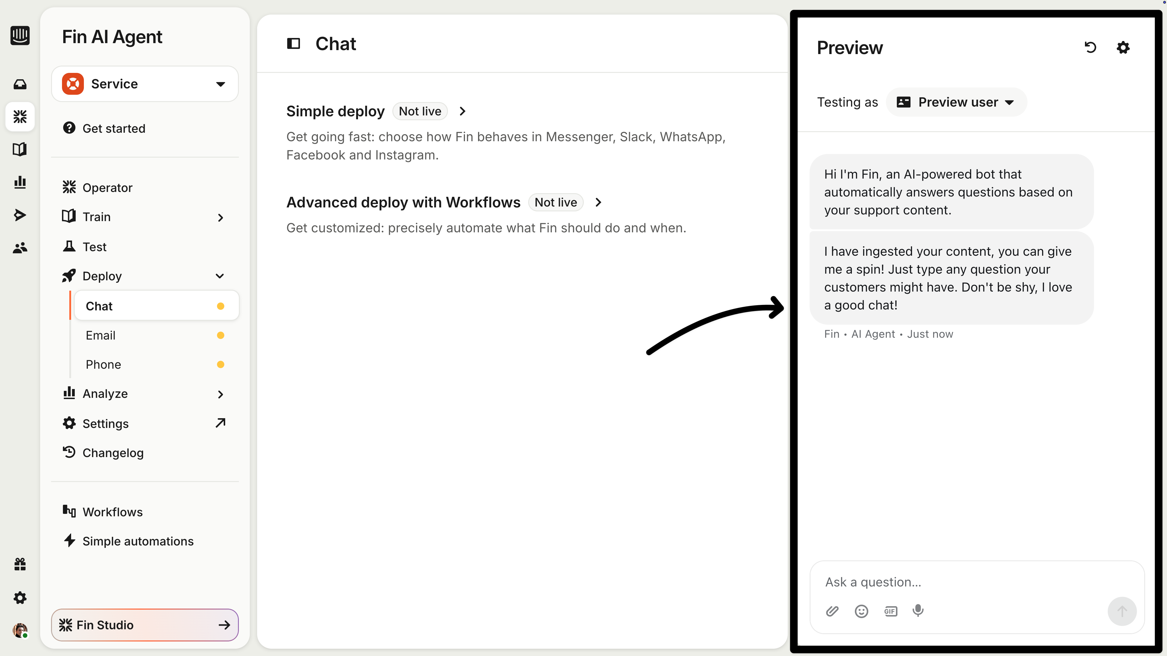 Fin AI Agent preview in the Messenger