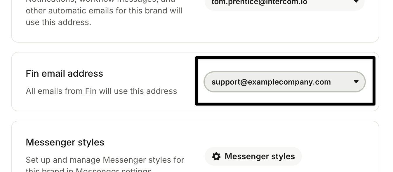 Selecting a Fin email reply address in Brand settings