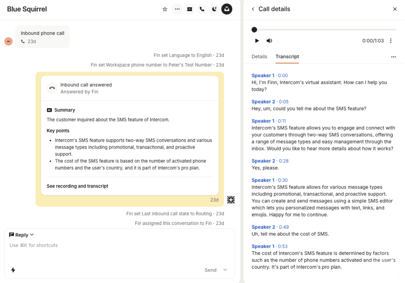 Call transcript and summary handover