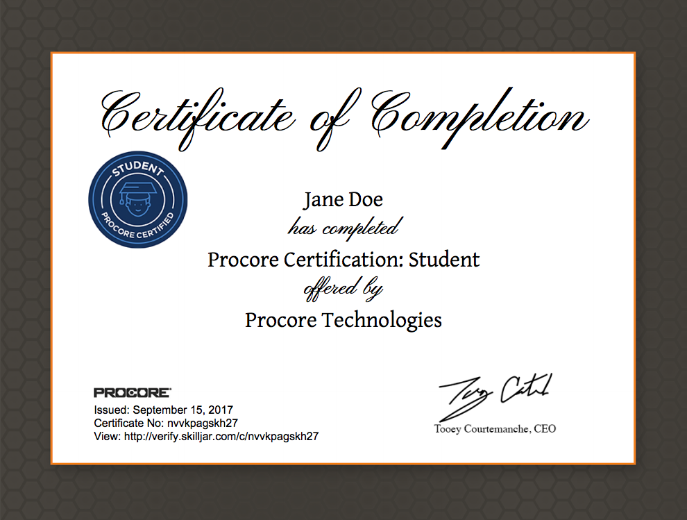 procore certification student student certificate